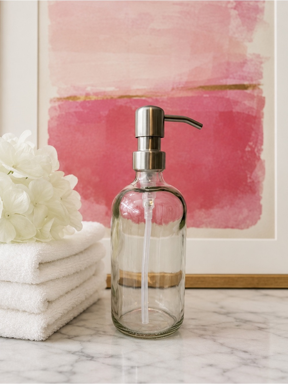 SET OF 2: 16 OZ. GLASS SOAP DISPENSER W/ METAL PUMP (CLEAR GLASS/SILVER PUMP)